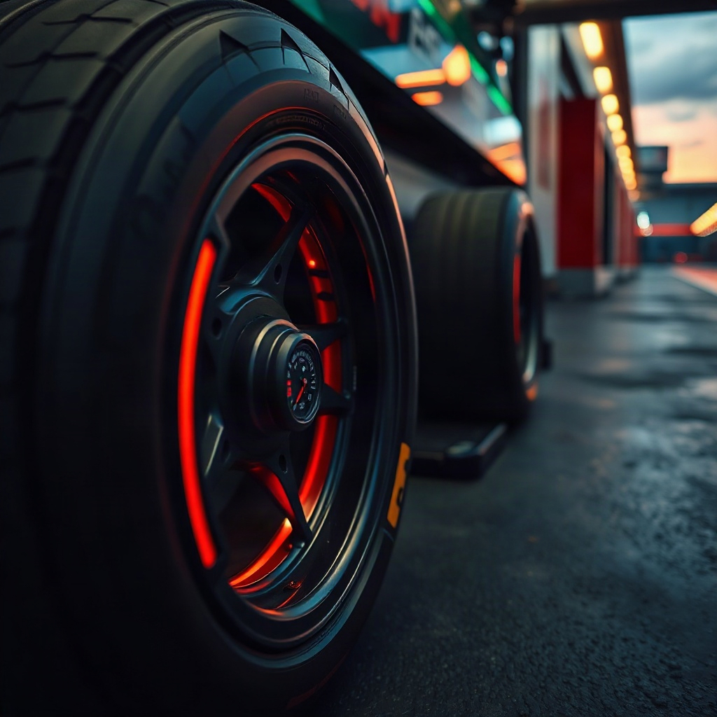 Racing tires and pressure gauge in the pit
