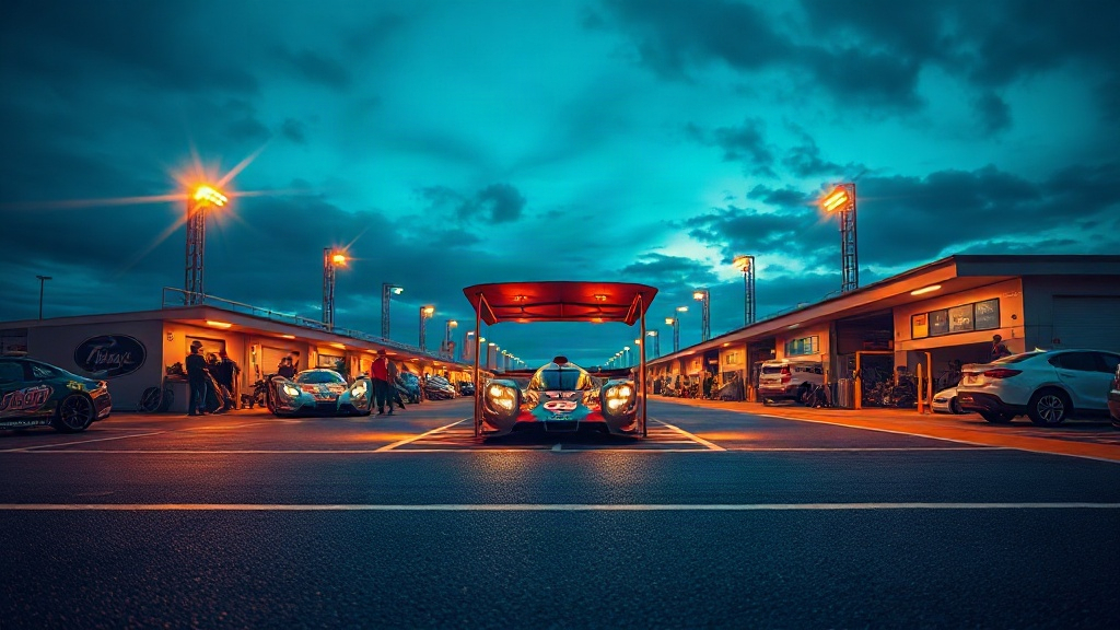 Paddock at twilight with a car under work lights